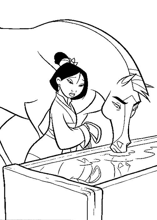 coloriage mulan fait boire son cheval